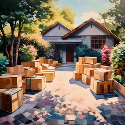 AI painting of cardboard boxes in driveway of leafy suburban home in neo classical style