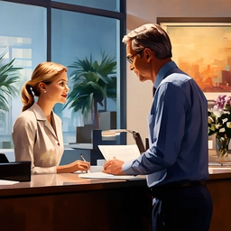 AI painting of an older male patient talking to a female receptionist in a doctor office in neo classical style