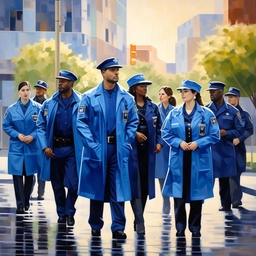 A group of federal agents walking in blue police-like attire with badges in neo classical style