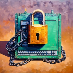 AI painting of green laptop with padlock and chains wrapped around it in neo classical style