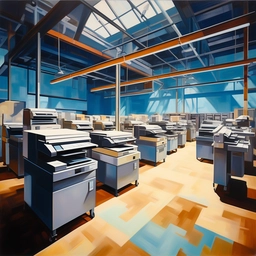 AI painting of big warehouse space with lots of used photocopiers in neo classical style