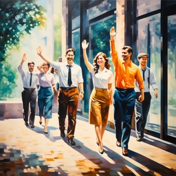 AI painting of several business people waving goodbye in neo classical style