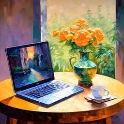 AI painting of room interior with laptop on round wooden desk in neo classical style